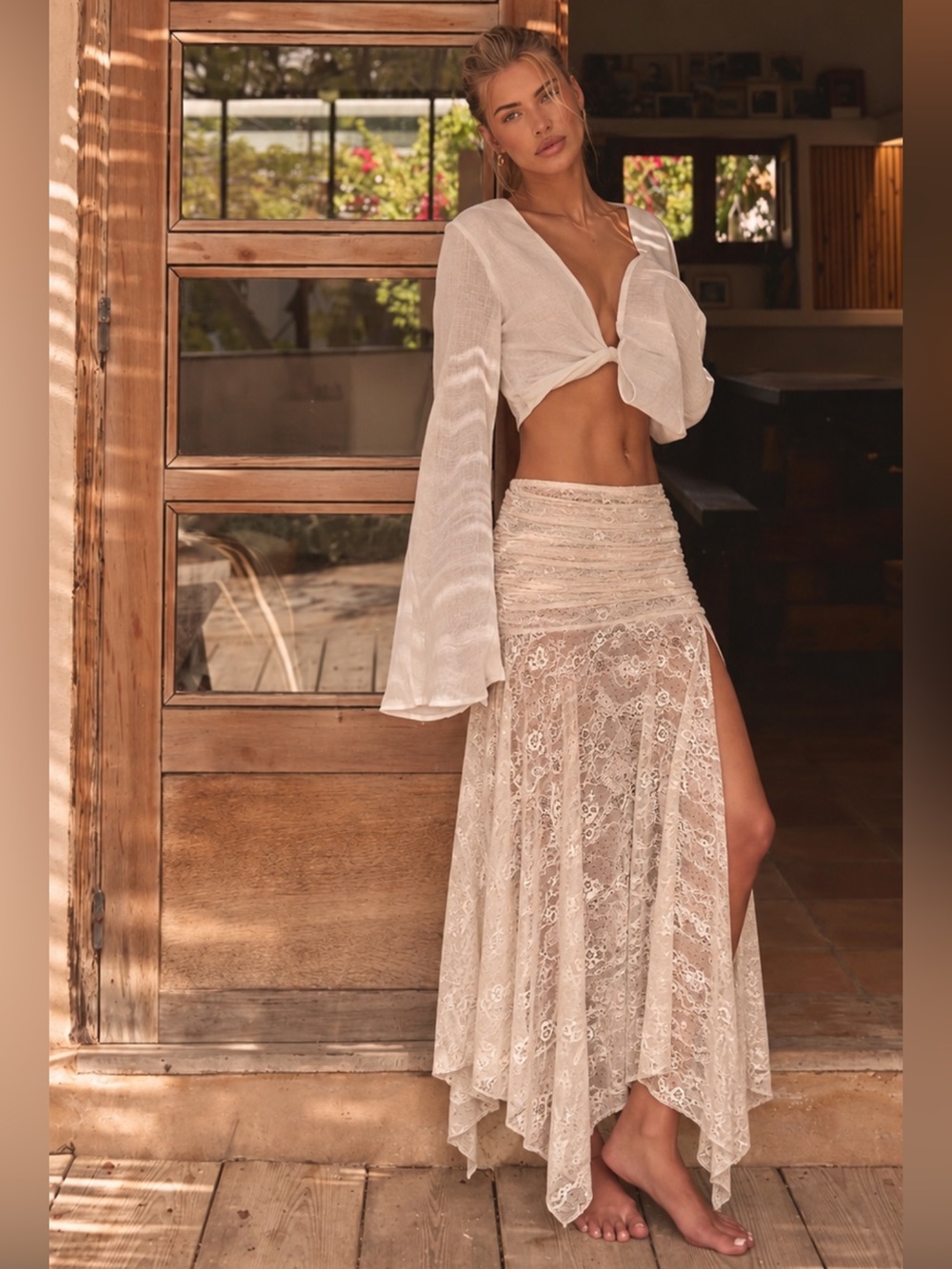 Lace Ruched Waist Midaxi Asymmetric Hem Skirt